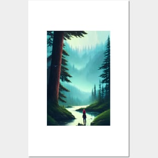 Anime Girl Nature Greenish Forest River Landscape Posters and Art